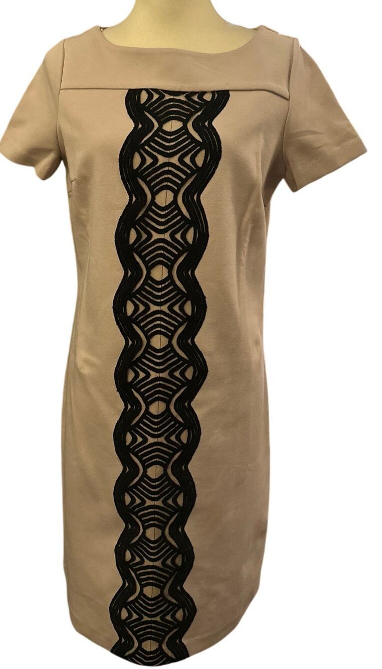 Boden Camel Tan Shift Dress, Embroidered Front Scroll Detail, Women's Size 8